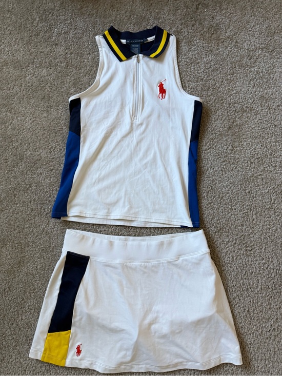 Ralph Lauren Tops - Ralph Lauren White Tennis Zip Tank & Skirt with Navy and Yellow Trim size Small